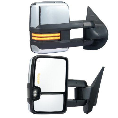 Pair of silver LED towing mirrors with power heated glass for Chevy Silverado and GMC Sierra.