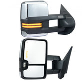 Pair of silver LED towing mirrors with power heated glass for Chevy Silverado and GMC Sierra.