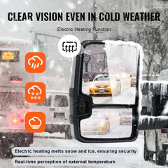 Silver LED towing mirrors with power heating for Chevy Silverado and GMC Sierra, shown clearing snow and ice on a vehicle.