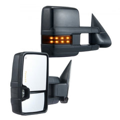 Black heated towing mirrors for Chevy Silverado and GMC Sierra with electric adjustment.