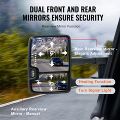 Black heated towing mirrors for Chevy Silverado and GMC Sierra with electric adjustment features.