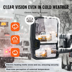 Black heated towing mirrors for Chevy Silverado and GMC Sierra 1500-3500 HD with electric adjustment.