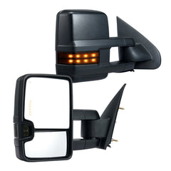 Pair of black power heated towing mirrors for Chevy Silverado with LED signals.