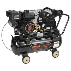 Bostome 7HP gas powered air compressor with a 13.2-gallon tank and four wheels for mobility.