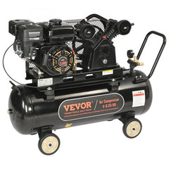 Bostome 7HP gas powered air compressor with 21-gallon tank and four wheels for easy transport.
