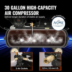 Gas powered air compressor with 30-gallon tank and dual outlets for efficient air supply.