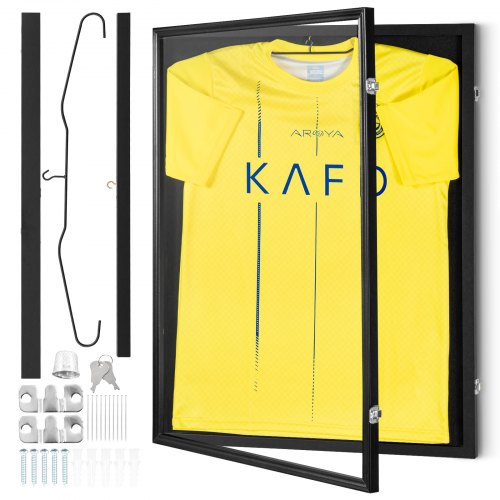 Large black wood display frame with UV protection for jerseys, featuring anti-theft locks.