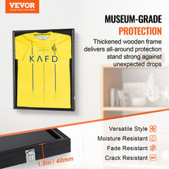Large black jersey display frame with UV protection and gold-plated anti-theft locks.