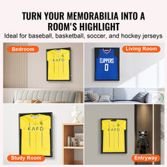 Large black wood display frame for jerseys with UV protection and anti-theft locks.