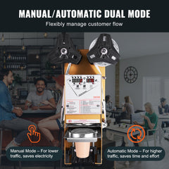Gold Bostome fully automatic cup sealing machine with dual manual/automatic modes, sealing 500-650 cups per hour.