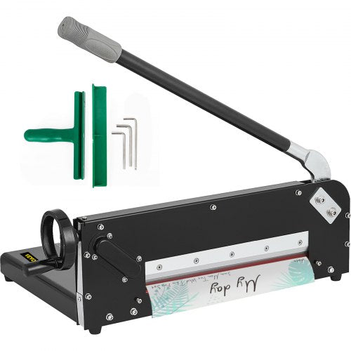 Black 12-inch heavy-duty paper cutter with green blade guards, hex keys, and ergonomic handle.