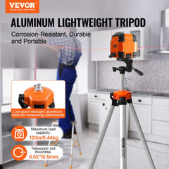 Aluminum tripod for laser levels with adjustable height from 27 to 68 inches and 1/4"-20 thread.