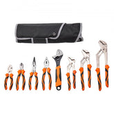 Eight-piece pliers set with TPR handles, made of high carbon steel for durability and grip.