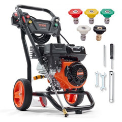 Bostome gas pressure washer with aluminum pump, 3400 PSI, and 5 quick-connect nozzles.