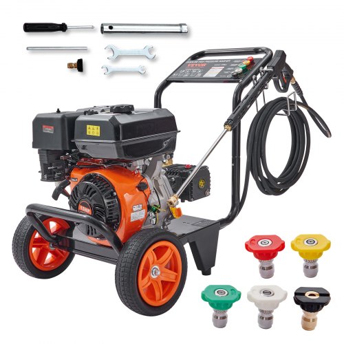 Bostome 4400 PSI gas pressure washer with copper pump and five quick-connect nozzles.