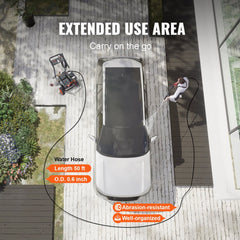 Gas pressure washer with copper pump, five nozzles, and 50 ft hose for outdoor cleaning.