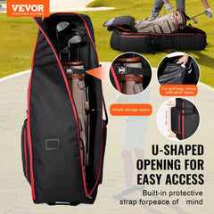 Black Bostome golf club travel bag with wheels, made from durable 1800D Oxford fabric.