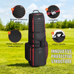 Black Bostome golf club travel bag with wheels, made from durable 1800D Oxford fabric.