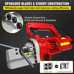 Electric hydraulic rebar cutter with a high-strength steel blade and portable design.