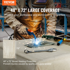 Two 4x6 ft fiberglass welding blankets, heat resistant to 998°F, shown protecting a workspace from sparks.