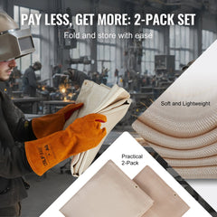 Two 4x6 ft fiberglass welding blankets in a pack, heat resistant to 998°F, shown folded and in use.