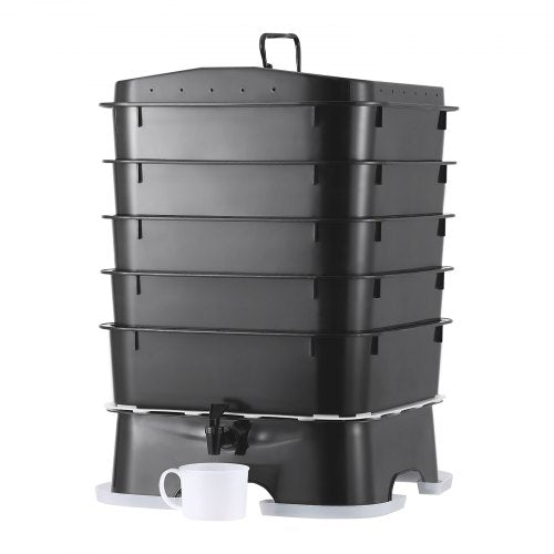Black 5-tray 50L worm composter bin with tap and cup on white base.