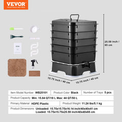 5-tray HDPE worm composter bin with 50L capacity, dimensions 15.75x15.75x29.53 inches.