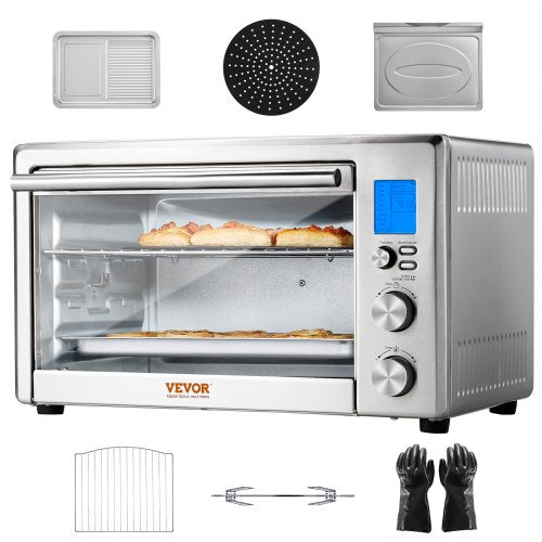 Bostome 28L convection oven with LCD touchscreen and multiple cooking functions.