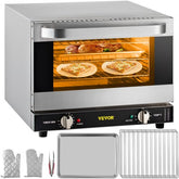 Stainless steel 21L commercial convection oven with 3 chrome racks, baking pizzas and meats, plus accessories.