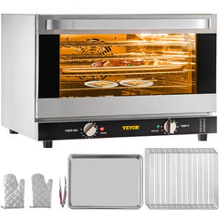 Stainless steel 47L commercial convection oven with open door showing baking trays and accessories.