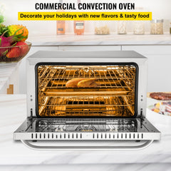 A stainless steel 47L commercial convection oven with open door showing racks and baking trays inside.