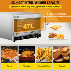 Bostome 47L convection oven with 4 shelves cooking pizza, chicken, fries, and bread on countertop.