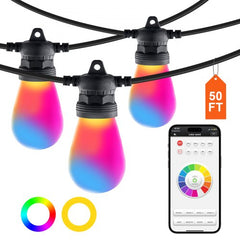50FT RGB outdoor string lights with 15 waterproof S14 bulbs and APP control features.