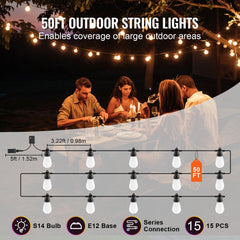50FT RGB outdoor string lights with waterproof S14 bulbs and APP control for customizable lighting.