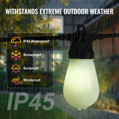50FT RGB outdoor string lights with 15 waterproof S14 bulbs for customizable lighting.