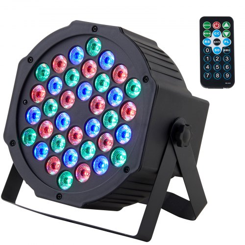 Four Bostome 36LED RGB Stage PAR Lights with vibrant colors and multiple lighting modes.