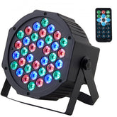 Four Bostome 36LED RGB Stage PAR Lights with vibrant colors and multiple lighting modes.