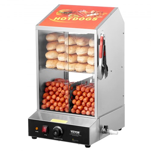 Bostome commercial hot dog steamer and bun warmer with 2 tiers and sliding glass doors.
