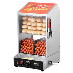 Bostome commercial hot dog steamer and bun warmer with 2 tiers and sliding glass doors.