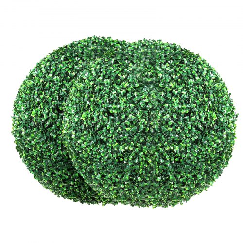 Two 16-inch green artificial boxwood topiary balls from a 2-pack set.