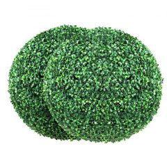 Two 16-inch green artificial boxwood topiary balls from a 2-pack set.