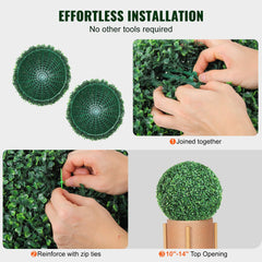 Two 16-inch green artificial boxwood topiary balls shown in halves, assembled with zip ties, and placed in a planter.