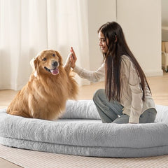 A woman high-fives a golden retriever on a large gray faux rabbit fur dog bed.