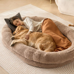 Large dog bed with faux rabbit fur, washable cover, and non-slip bottom, 72x48x10 inches.