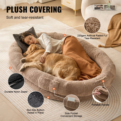 Bostome large human dog bed in faux rabbit fur, 72x48x10 inches with side pockets and washable cover.