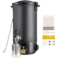 Black 10L electric wax melter with temperature control, stainless cup, spoon, wicks, and accessories.