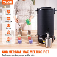 A black 10L electric wax melter pot with temperature control, shown melting various waxes for candle making.