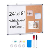 A 24x18 inch whiteboard and cork board combo with an aluminum frame and accessories.