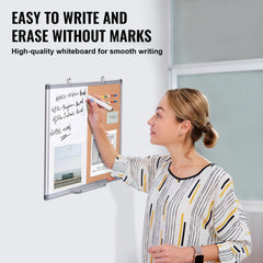 A woman writes on a 24x18 whiteboard cork board combo with aluminum frame mounted on a wall.