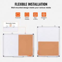 24x18 whiteboard and cork board combo with aluminum frame and flexible wall mounting options.